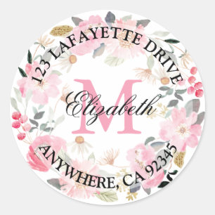 Monogram Roze Flowers Return Address Ronde Sticker