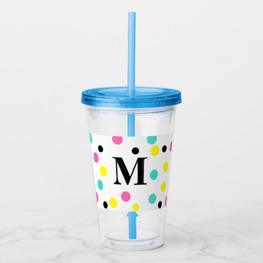 Monogram Roze Geel Blauw Polka Dots Acryl Drinkbeker (Voorkant)