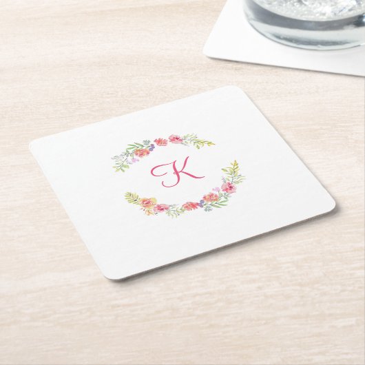 Monogram Roze, Geel en Groen Bloemendessin Waterve Kartonnen Onderzetters (Schuin)