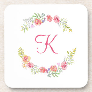 Monogram Roze, Geel en Groen Bloemenschildering in Bier Onderzetter