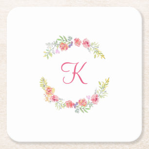 Monogram Roze, Geel en Groen Bloemenschildering in Kartonnen Onderzetters