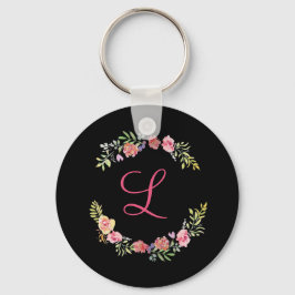 Monogram Roze, Geel en Groen Bloemenschildering in Sleutelhanger