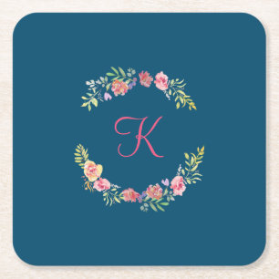 Monogram Roze, Geel en Groen Bloemschildering in W Kartonnen Onderzetters