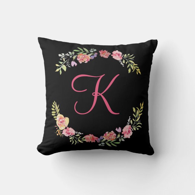 Monogram Roze, Geel en Groen Bloemschildering in W Kussen (Voorkant)