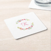 Monogram roze, geel en groen bloemwaterverf  kartonnen onderzetters (Schuin)