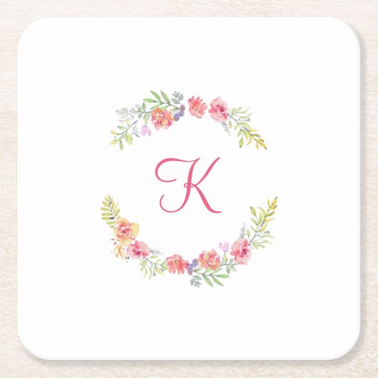 Monogram Roze, Geel en Groene Florenz Waterverf Kartonnen Onderzetters (Voorkant)