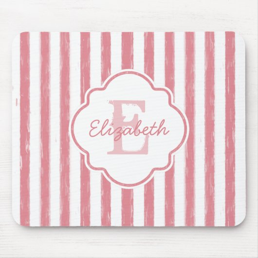 Monogram  roze gekleurde strips en naam muismat (Voorkant)