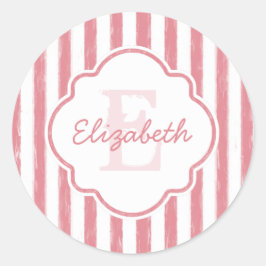 Monogram  roze gekleurde strips en naam ronde sticker
