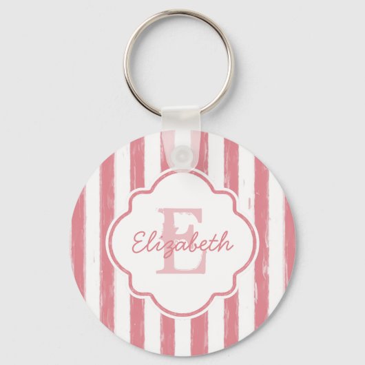 Monogram roze gekleurde strips en naam sleutelhanger (Voorkant)