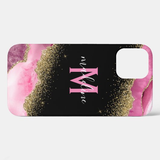Monogram Roze Geode Agate Gold Glitter Case-Mate iPhone Case (Achterkant (horizontaal))