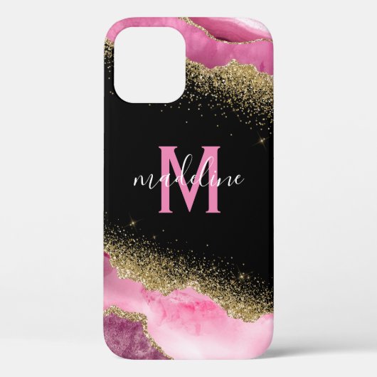 Monogram Roze Geode Agate Gold Glitter Case-Mate iPhone Case (Achterkant)