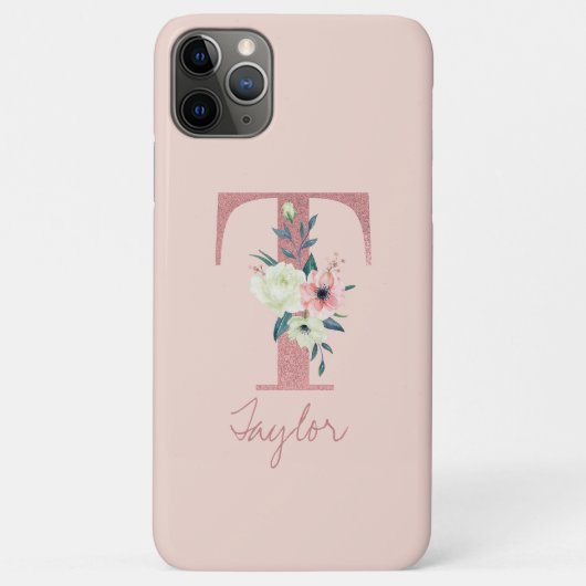 Monogram Roze Glitter Bloem Letter T Licht Roze Case-Mate iPhone Case (Achterkant)