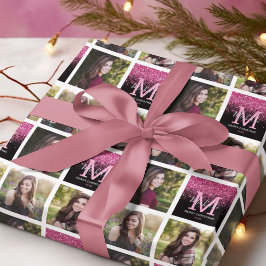 Monogram Roze Glitter Fotokerstmis Cadeaupapier