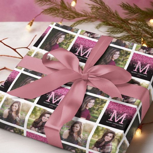 Monogram Roze Glitter Fotokerstmis Cadeaupapier