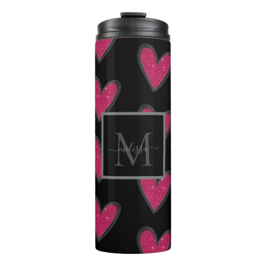 Monogram Roze Glitter Harten Thermosbeker (Voorkant)