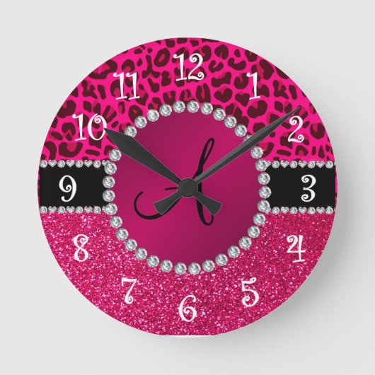 Monogram roze glitter neon roze luipaard ronde klok (Voorkant)