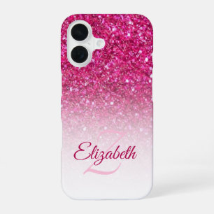 Monogram roze Glitter Ombre Voornaam Aangepast iPhone 16 Hoesje