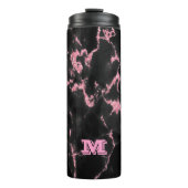 Monogram roze glitter op zwarte achtergrond thermosbeker (Voorkant)