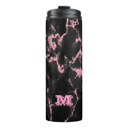 Monogram roze glitter op zwarte achtergrond thermosbeker (Voorkant)