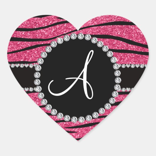 Monogram roze glitterzebrastrepen cirkel hart sticker (Voorkant)