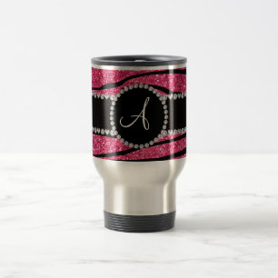 Monogram roze glitterzebrastrepen cirkel reisbeker