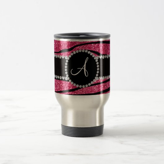 Monogram roze glitterzebrastrepen cirkel reisbeker (Center)
