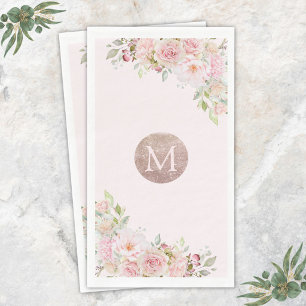 Monogram Roze Goud Blush Roze Waterverf Bloemen  Servet