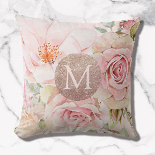 Monogram Roze Goud Blush Roze Waterverf Bloemig  Kussen