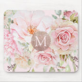 Monogram Roze Goud Blush Roze Waterverf Bloemig Muismat (Voorkant)