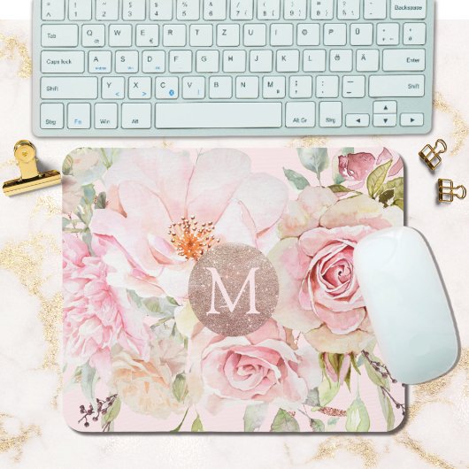 Monogram Roze Goud Blush Roze Waterverf Bloemig Muismat