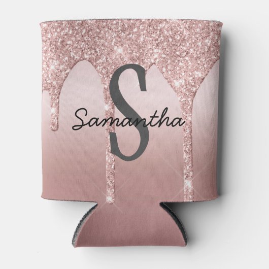 Monogram Roze Goud Drip Glitter Blush Roze Trendy Blikjeskoeler (Voorkant)
