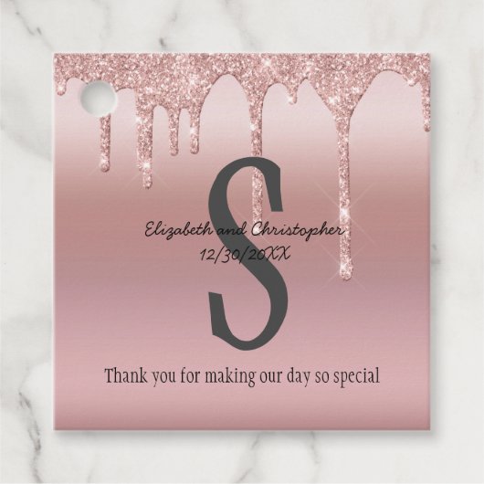 Monogram Roze Goud Drip Glitter Blush Roze Trouw Bedankjes Labels (Voorkant)