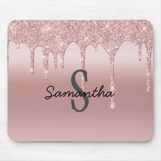 Monogram Roze Goud Druppel Glitter Blush Roze Tren Muismat (Voorkant)