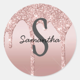 Monogram Roze Goud Druppel Glitter Blush Roze Tren Ronde Sticker