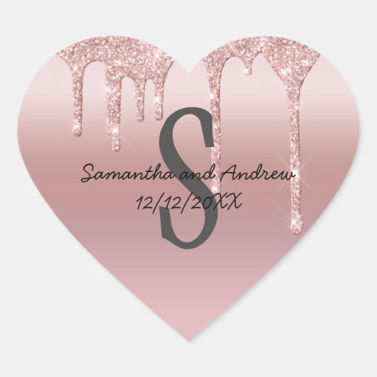 Monogram Roze Goud Druppel Glitter Blush Roze Trou Hart Sticker (Voorkant)