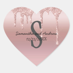 Monogram Roze Goud Druppel Glitter Blush Roze Trou Hart Sticker