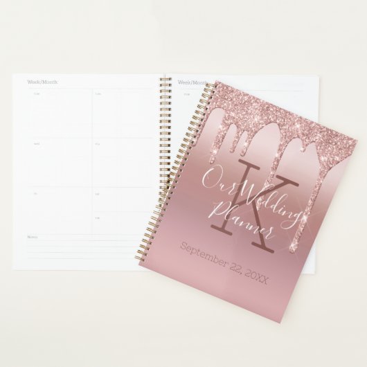 Monogram Roze Goud Druppel Glitter Blush Roze Trou Planner (Display)