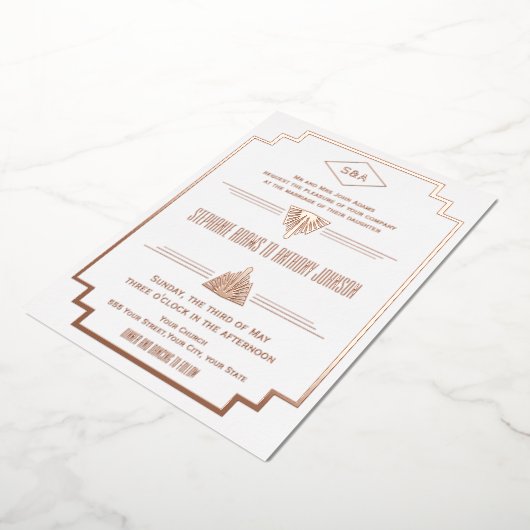 Monogram roze goud, en witte Art Deco trouw Folie Uitnodiging (Gedraaid)