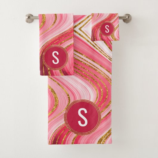 Monogram roze goud geode agate glitter bad handdoek (Insitu)