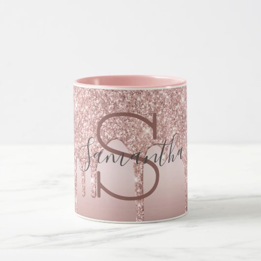 Monogram Roze Goud Glitter Drup Blush Roze Trendy Mok (Midden)