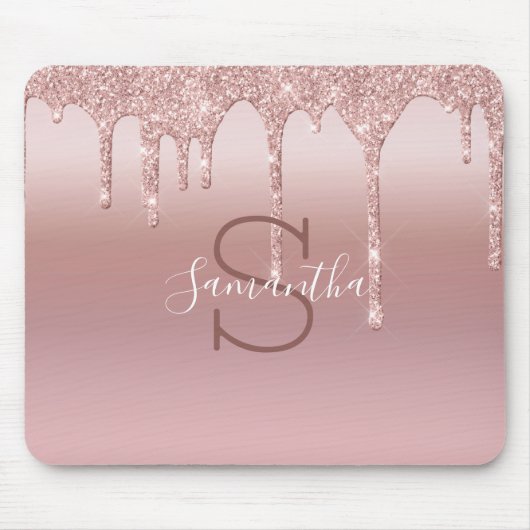 Monogram Roze Goud Glitter Drup Blush Roze Trendy Muismat (Voorkant)