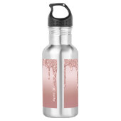 Monogram Roze Goud Glitter Drup Blush Roze Trendy Waterfles (Achterkant)