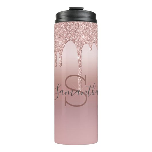 Monogram Roze Goud Glitter Druppel Blush Roze Tren Thermosbeker (Voorkant)