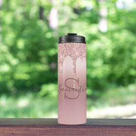 Monogram Roze Goud Glitter Druppel Blush Roze Tren Thermosbeker