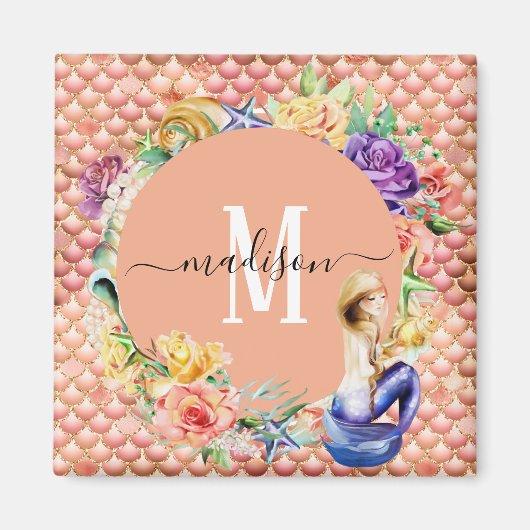 Monogram Roze Goud Glitter Zeemeermin Schubben Fun Magneet (Voorkant)