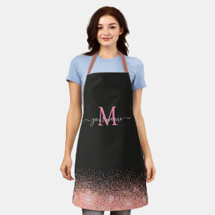 Monogram Roze Goud Glitters Glinstert en Zwarte Na Schort