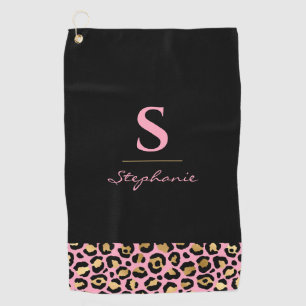 Monogram Roze & Goud Luipaardprint   Kleurblok Golfhanddoek