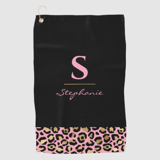 Monogram Roze & Goud Luipaardprint | Kleurblok Golfhanddoek (Voorkant)
