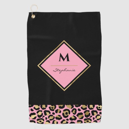 Monogram Roze & Goud Luipaardprint | Kleurblok Golfhanddoek (Voorkant)