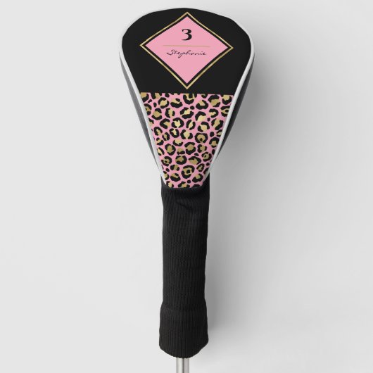 Monogram Roze & Goud Luipaardprint | Kleurblok Golfheadcover (Voorkant)